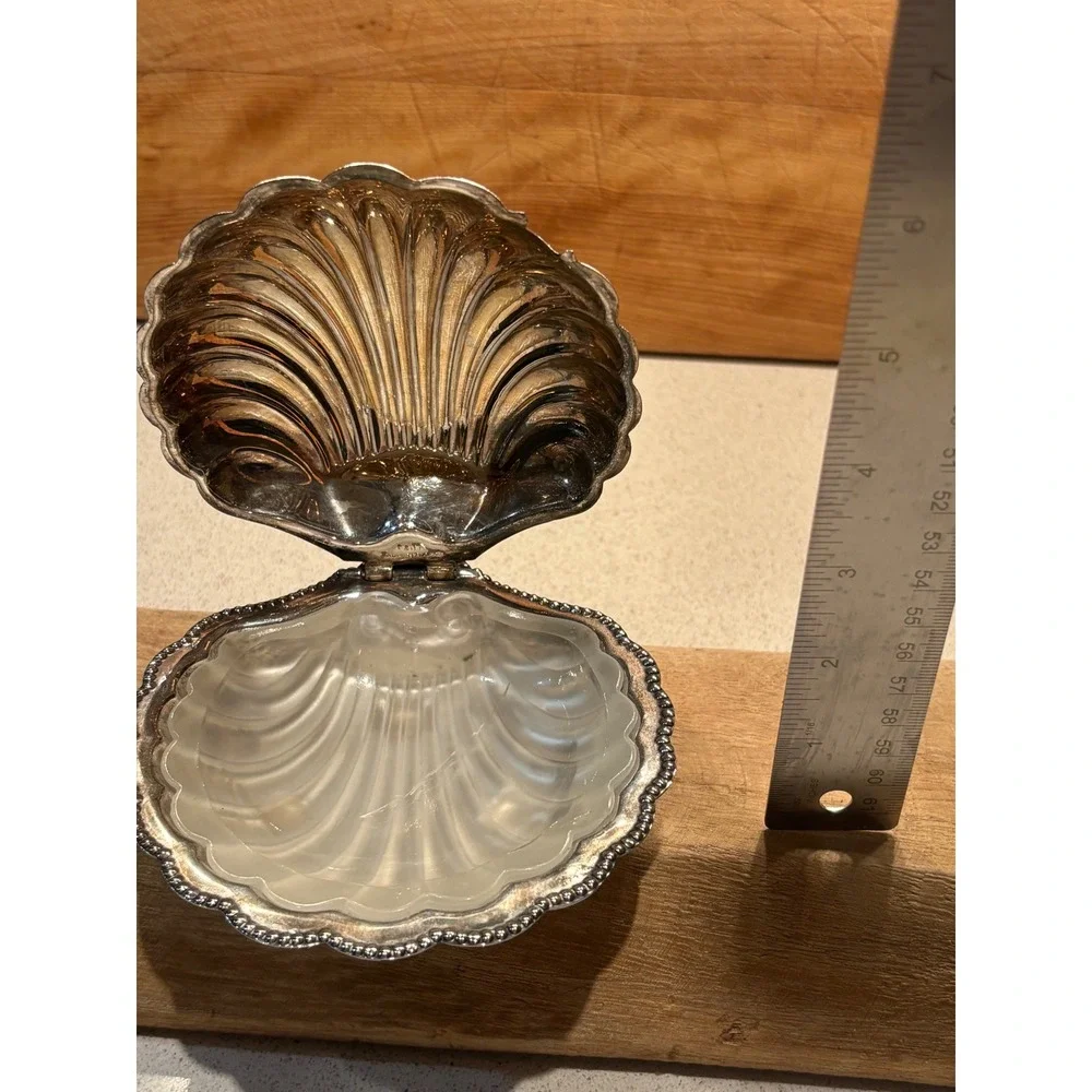 Vintage Silver Plated Clam Shell Butter Dish England Frosted Glass Liner 5 inch